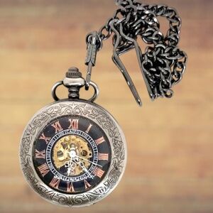 Vtg Black Metal Pocket Watch Pendant with Fresh Battery Item #1062